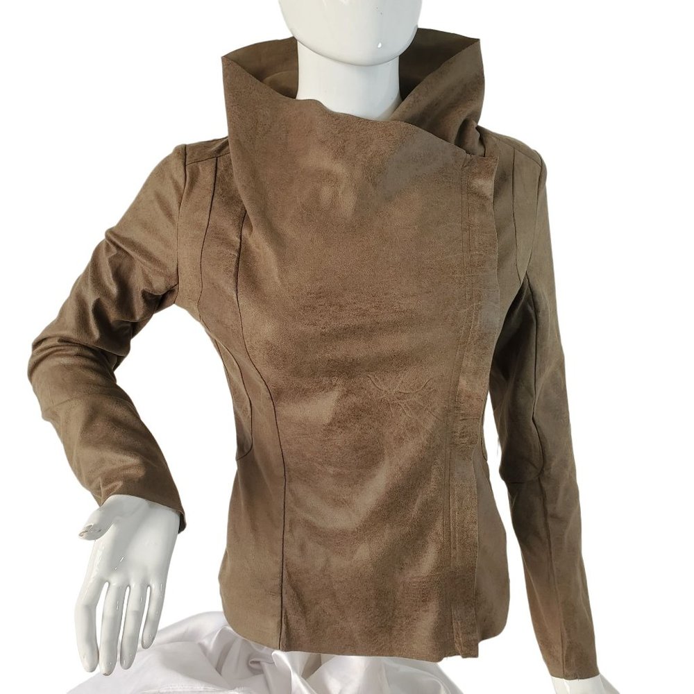 Malibu Sky Microfiber Jacket Top Brown Faux Leather Asymmetrical Zip Women Small
